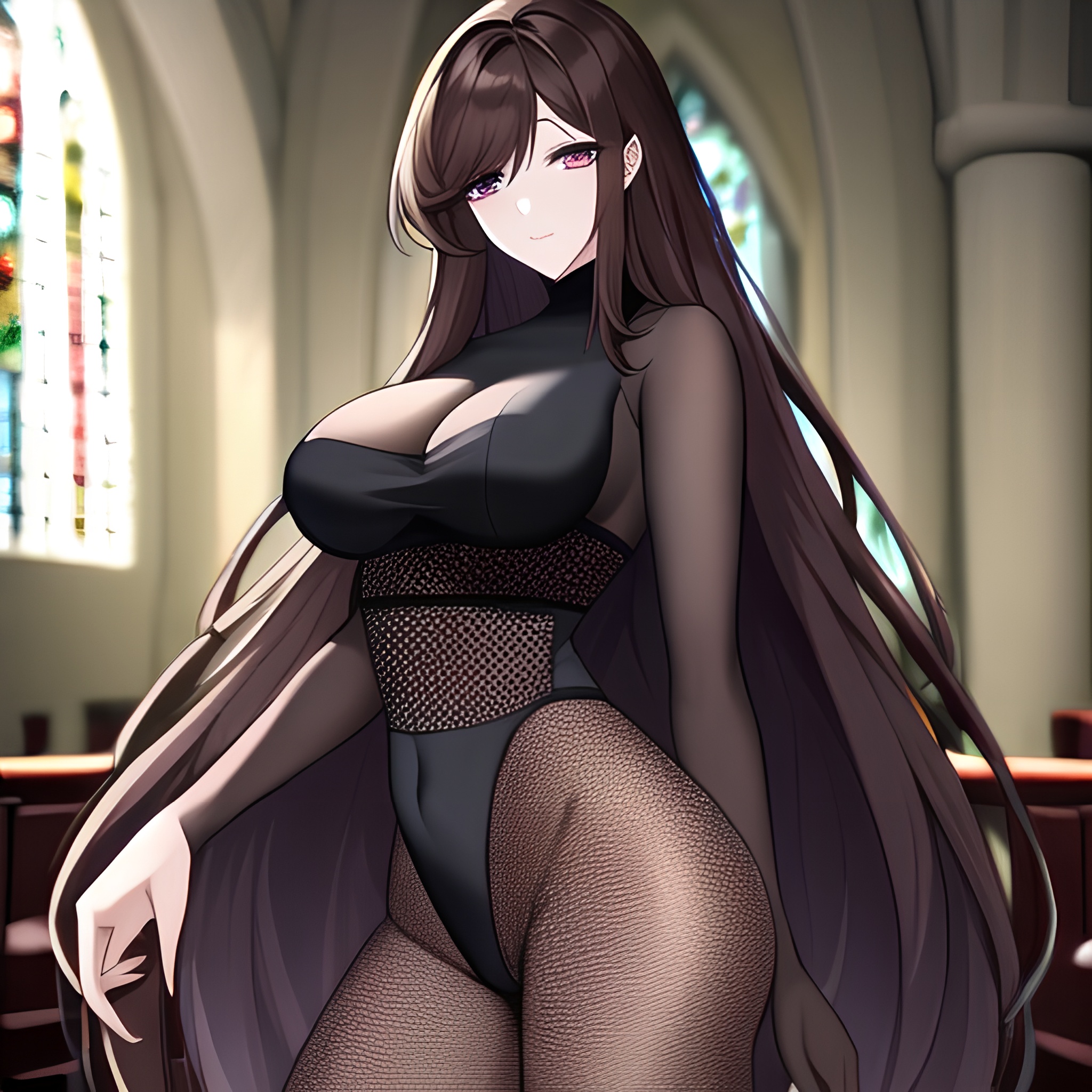 woman fishnet church messy hair long hair brunette