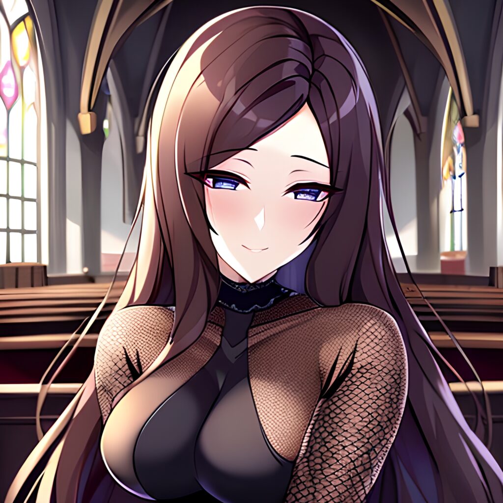 woman fishnet church messy hair long hair brunette 