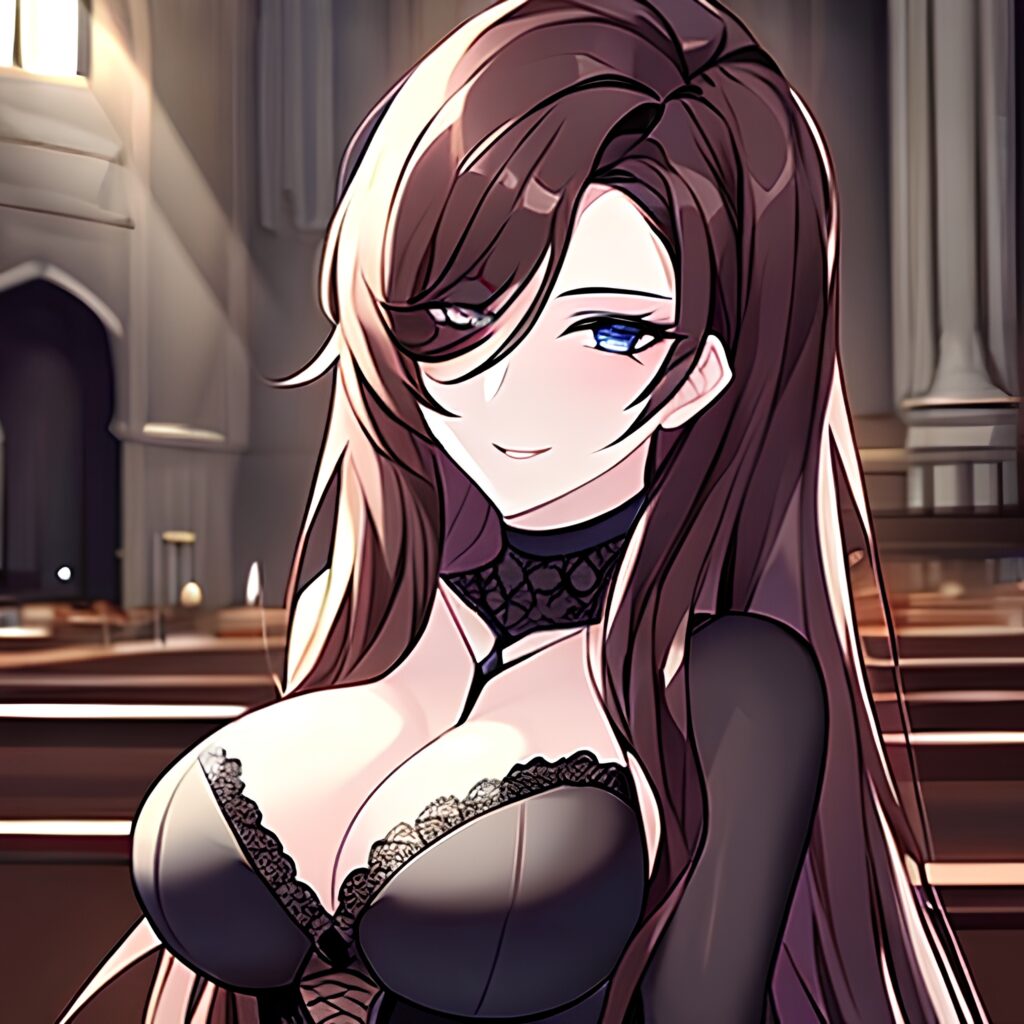 woman fishnet church messy hair long hair brunette