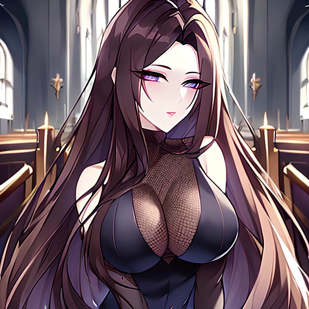 woman fishnet church messy hair long hair brunette