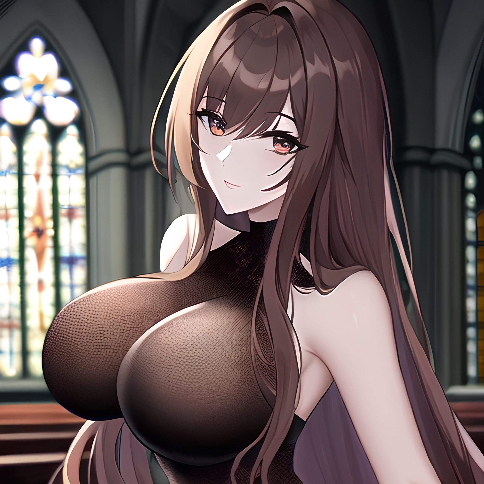 woman fishnet long hair brunette church messy hair 
