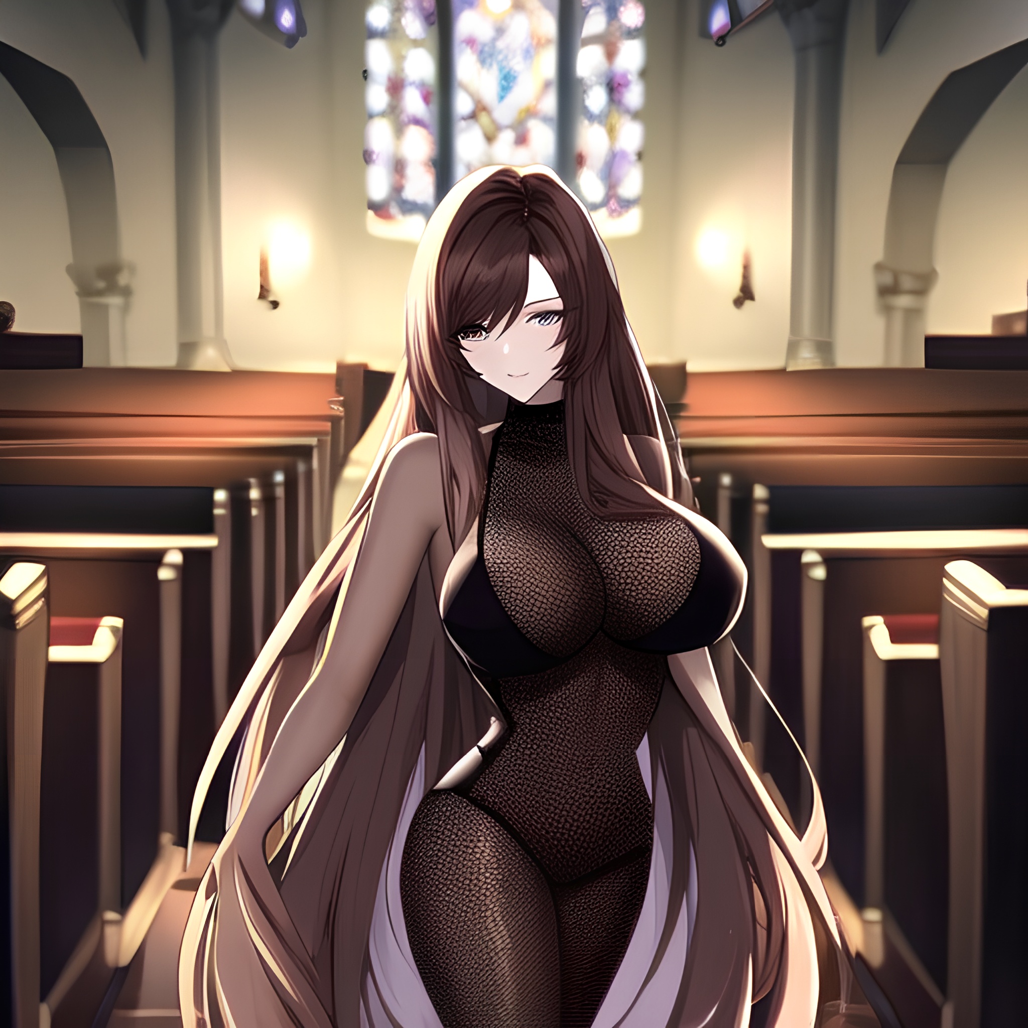 woman fishnet long hair brunette church messy hair 