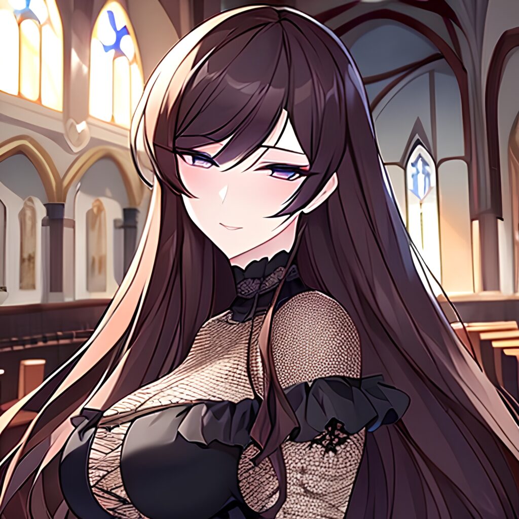 woman fishnet long hair brunette church messy hair