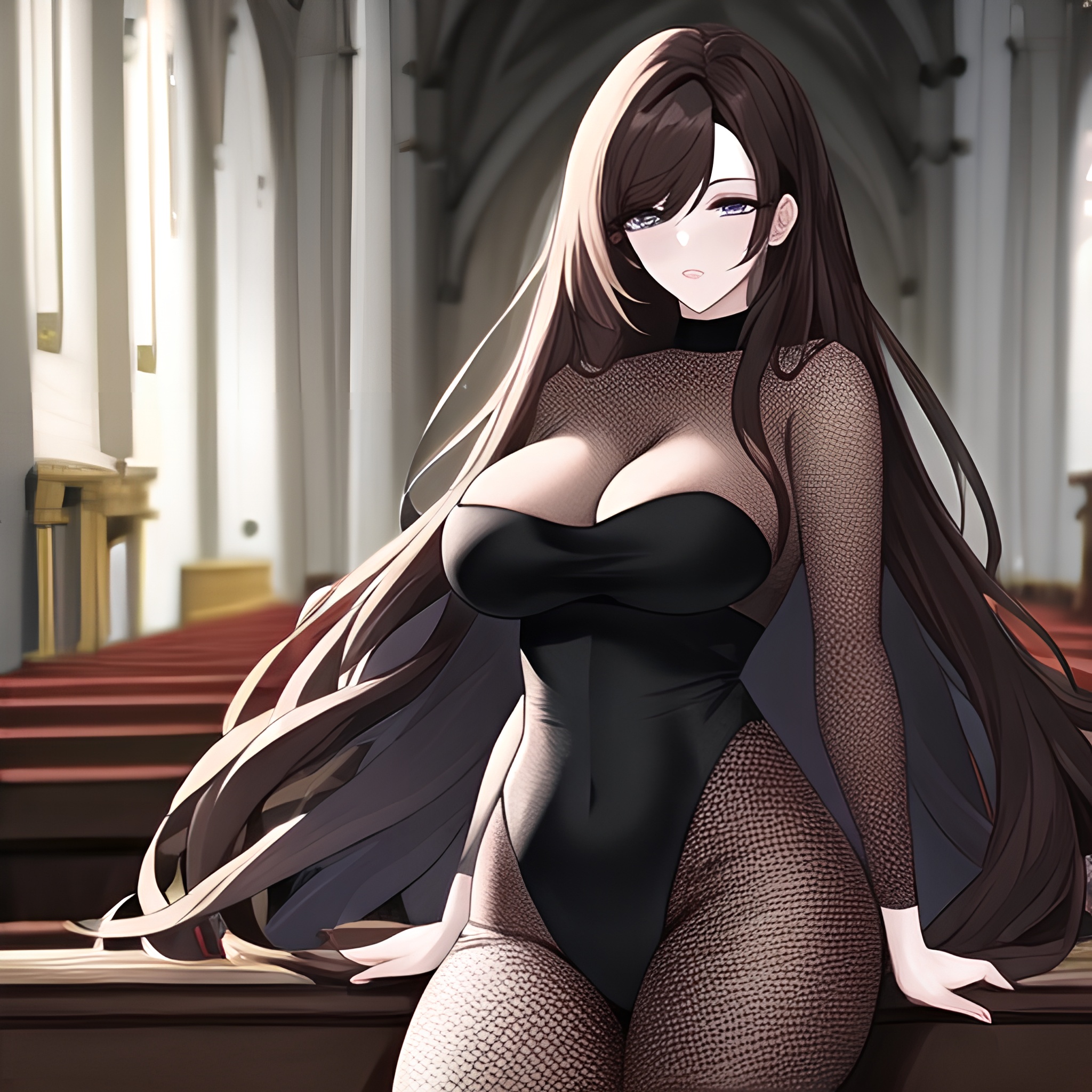 woman fishnet long hair church messy hair brunette 