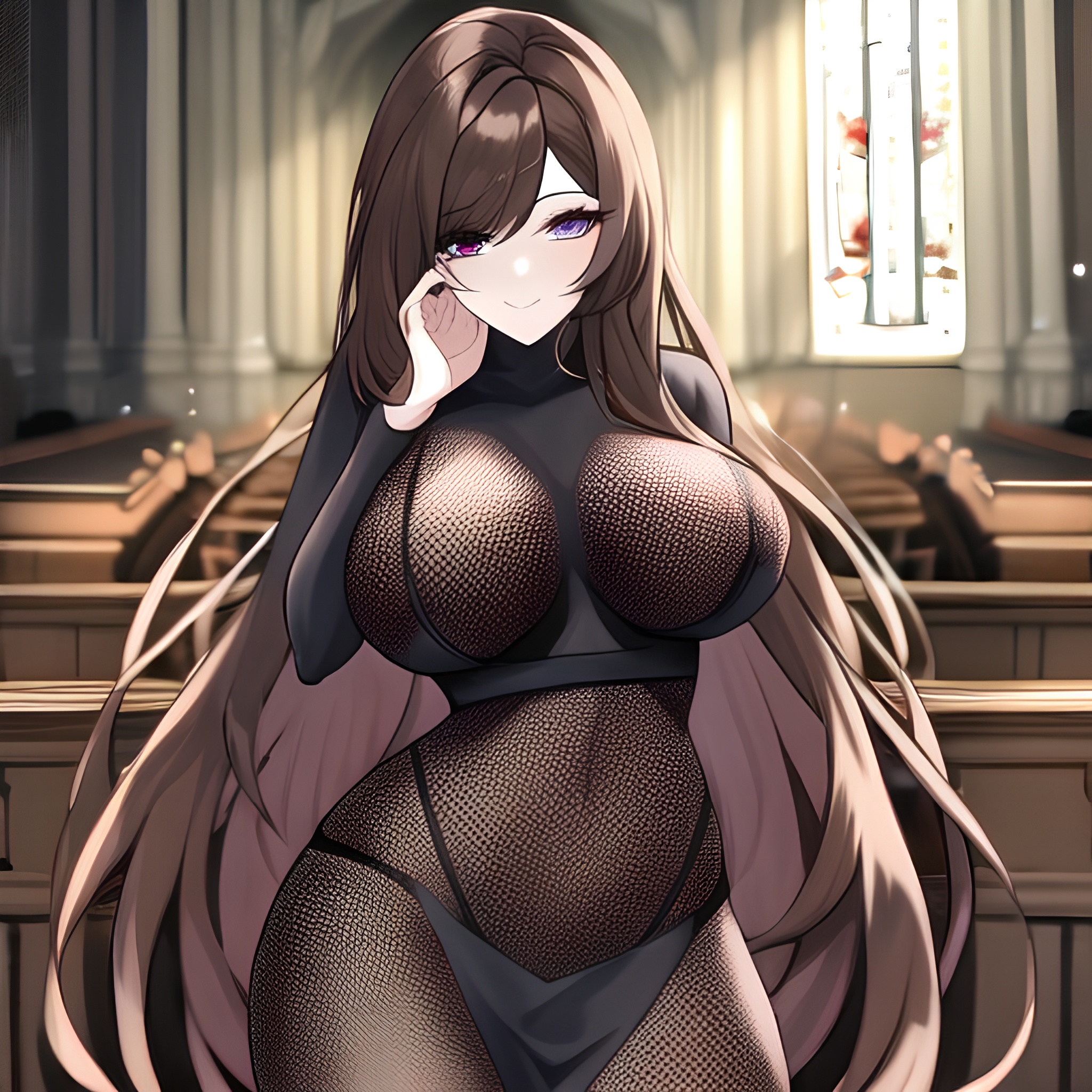 woman fishnet long hair church messy hair brunette 