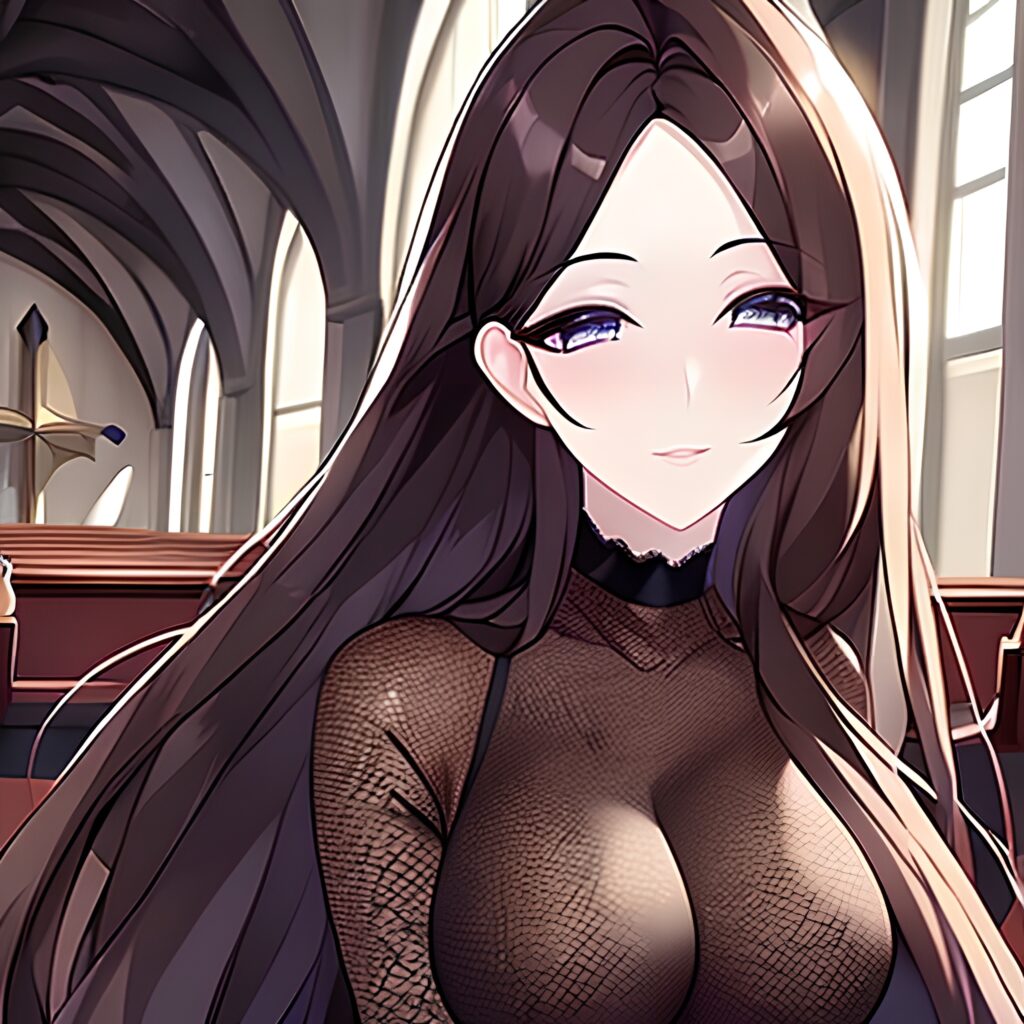 woman fishnet long hair church messy hair brunette 