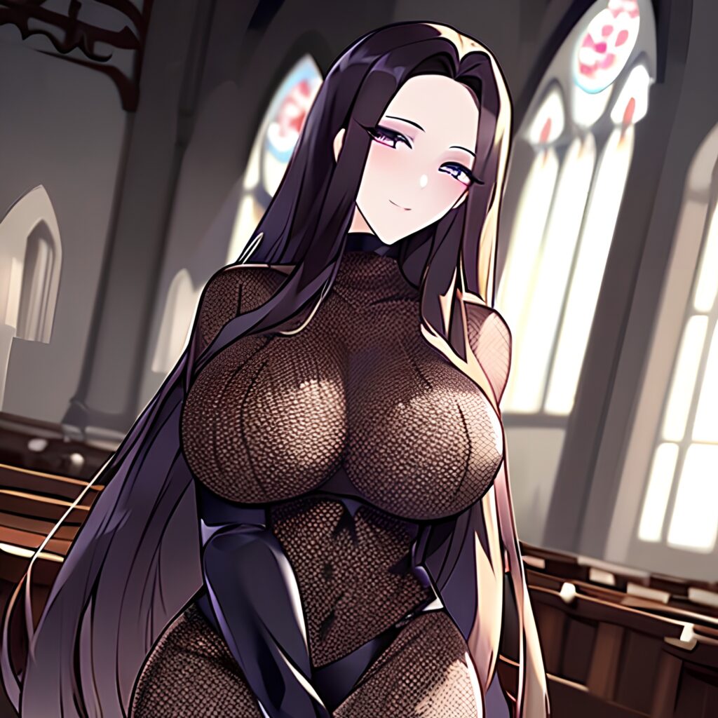 woman fishnet long hair church messy hair brunette 