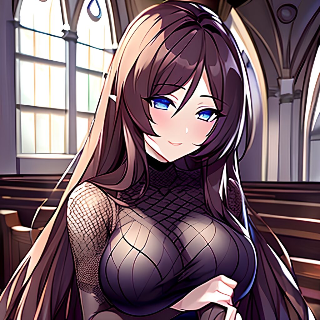 woman fishnet long hair church messy hair brunette 