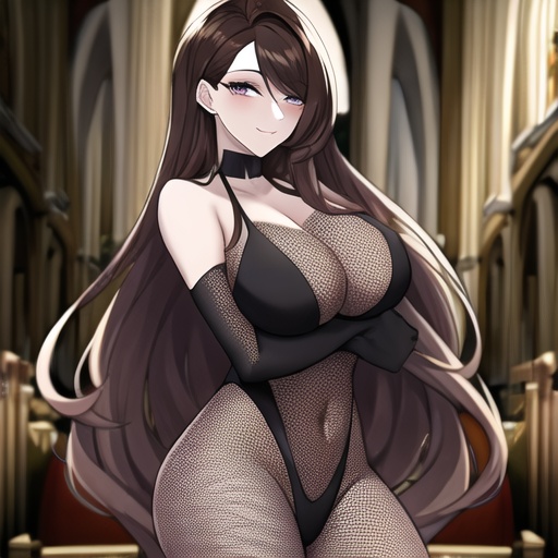 woman fishnet long hair messy hair brunette church