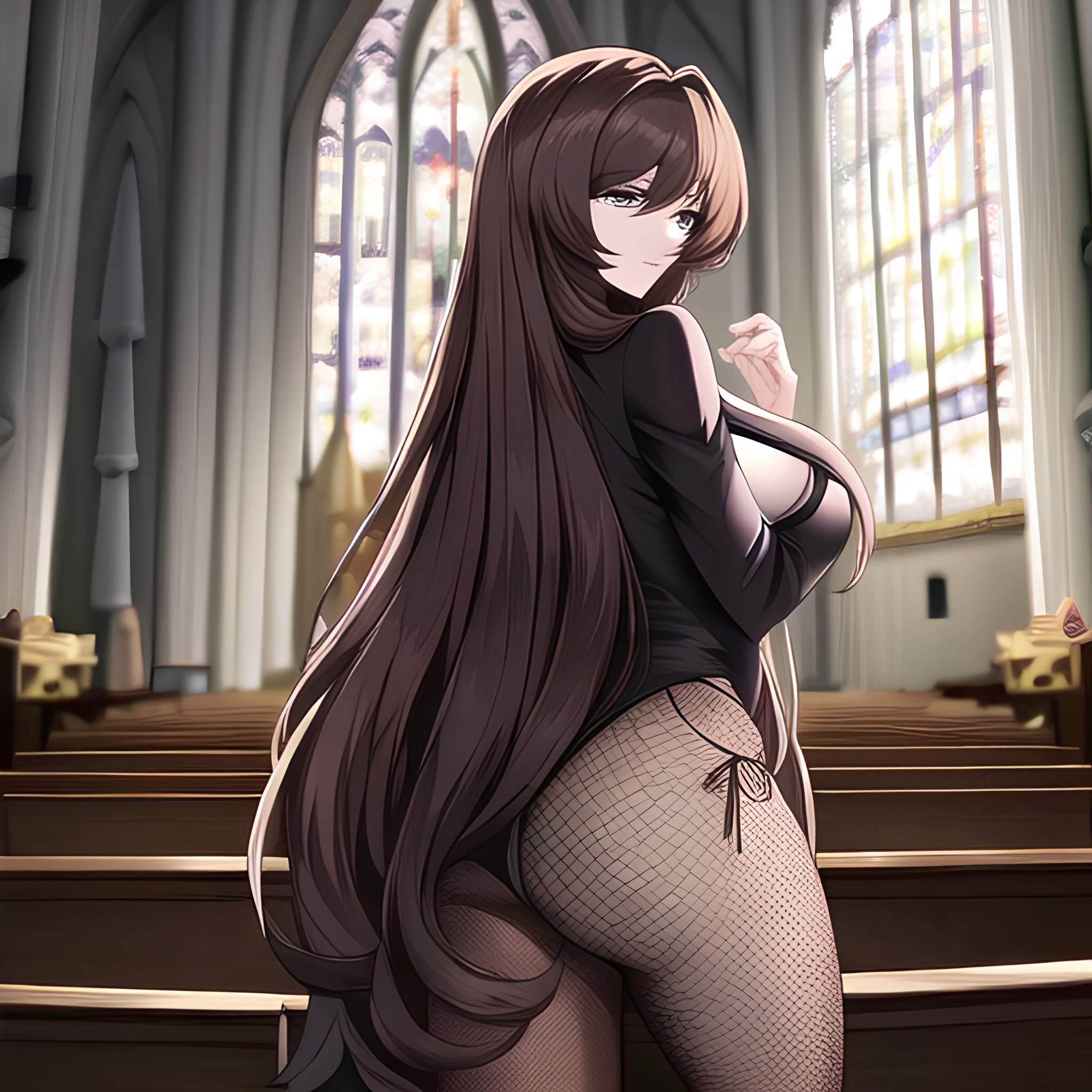 woman fishnet long hair messy hair brunette church 