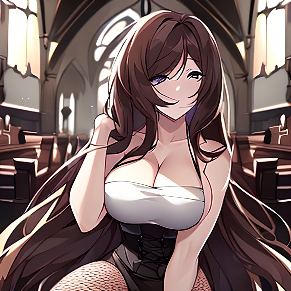 woman fishnet messy hair brunette church long hair 