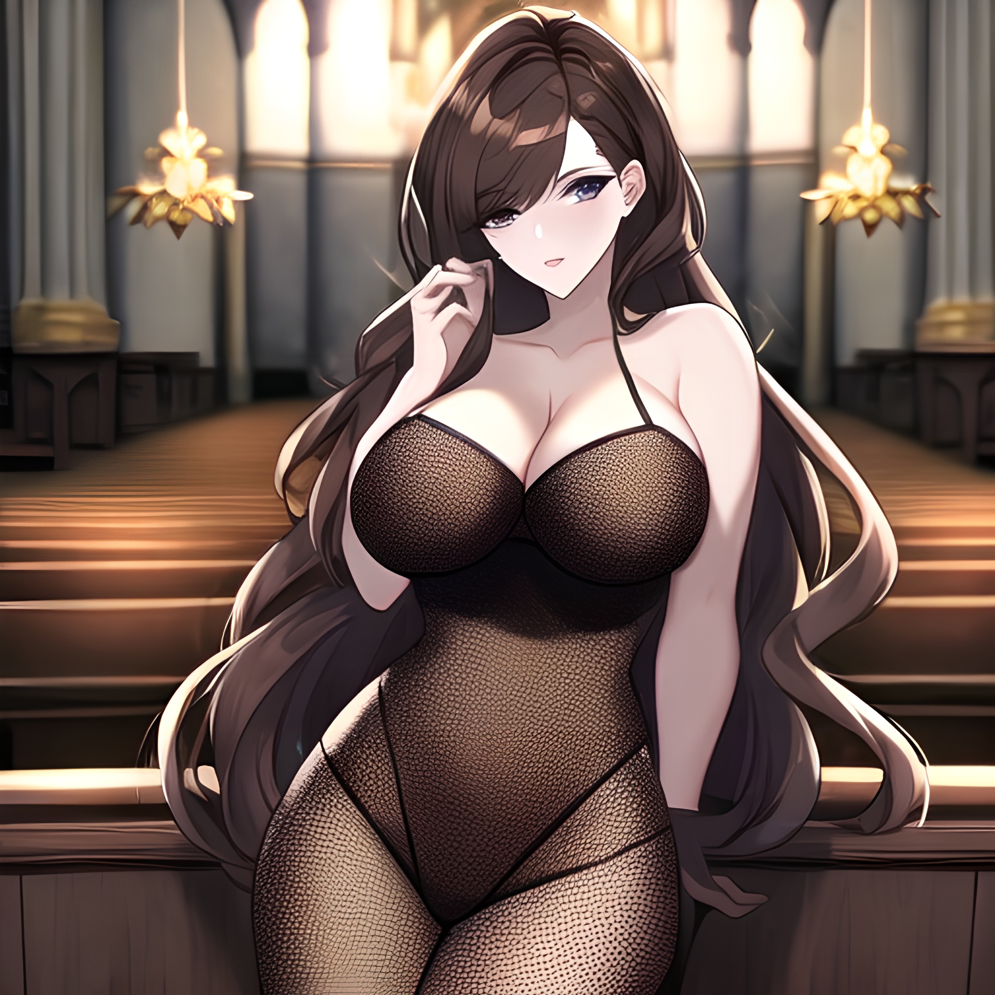 woman fishnet messy hair brunette church long hair 