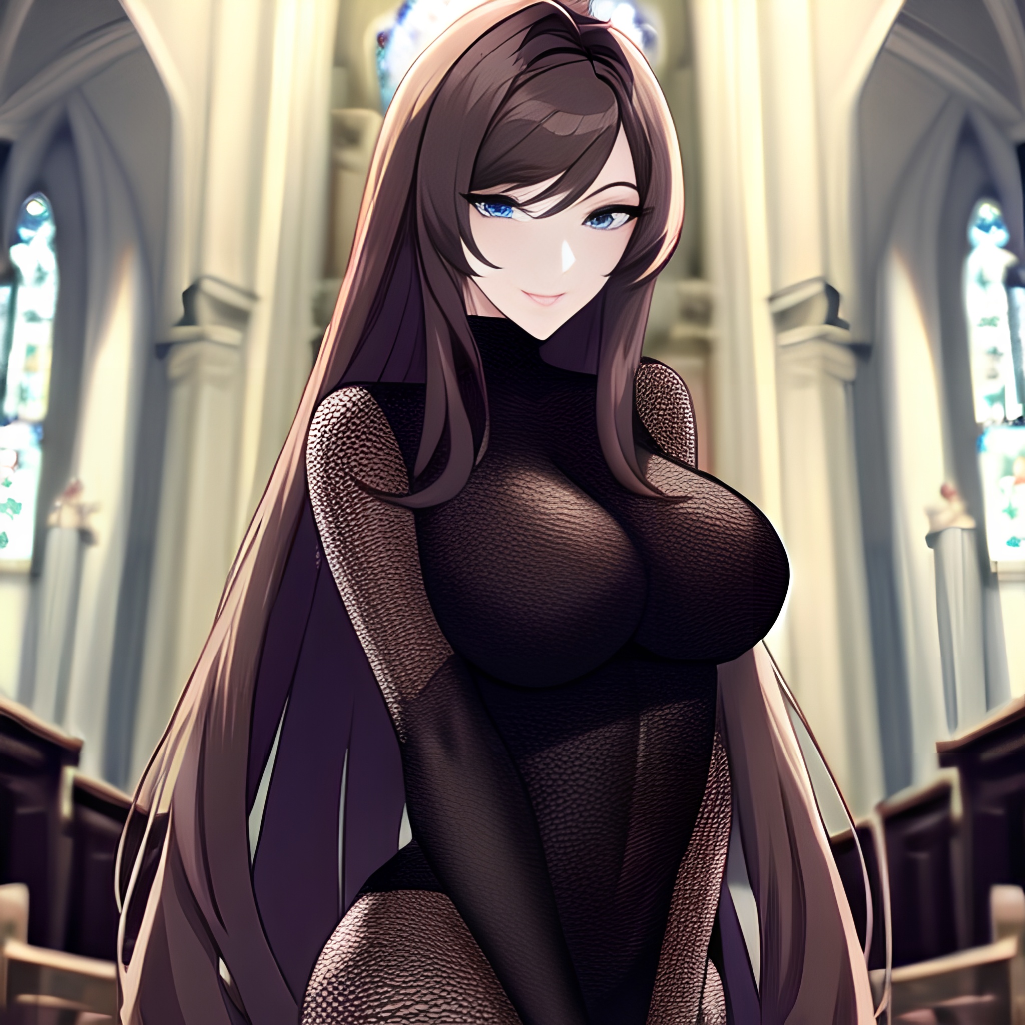 woman fishnet messy hair church long hair brunette