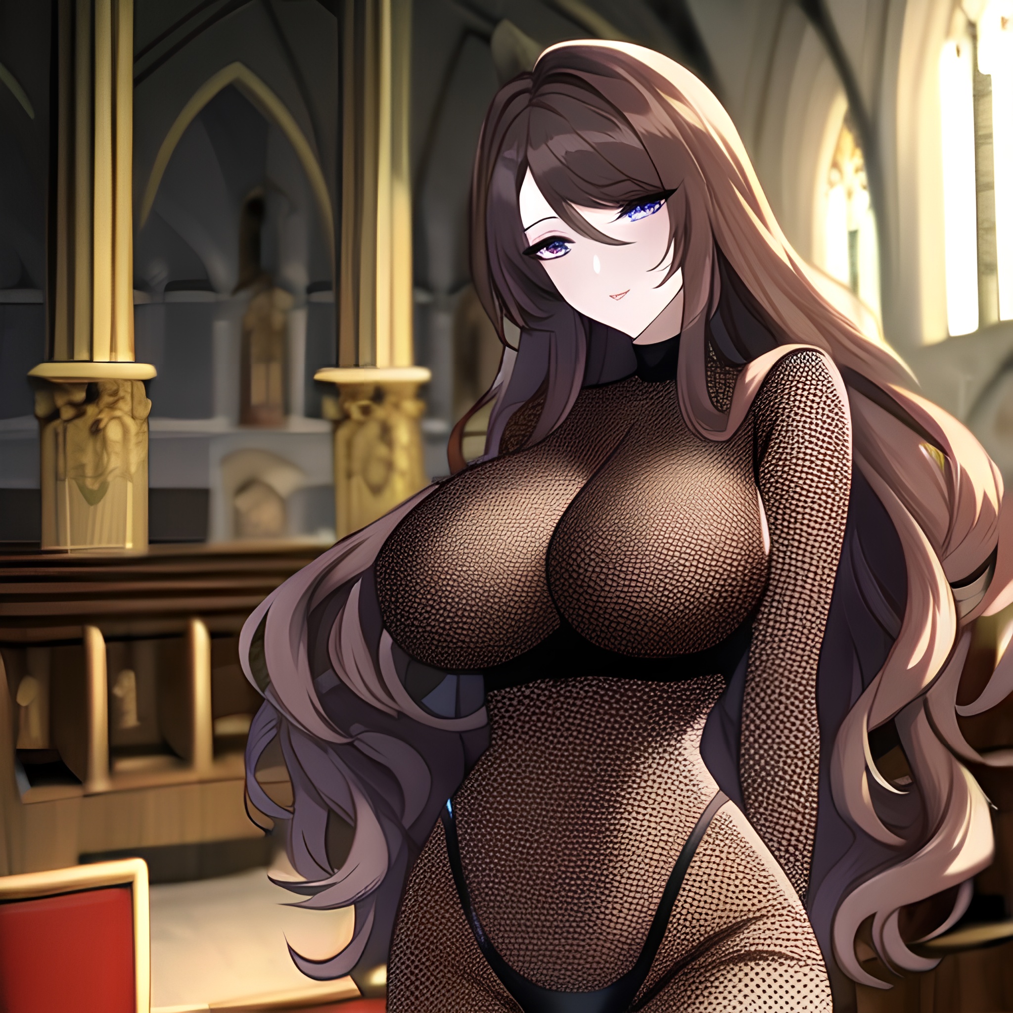 woman fishnet messy hair long hair brunette church 