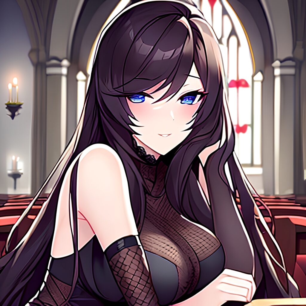 woman fishnet messy hair long hair church brunette 