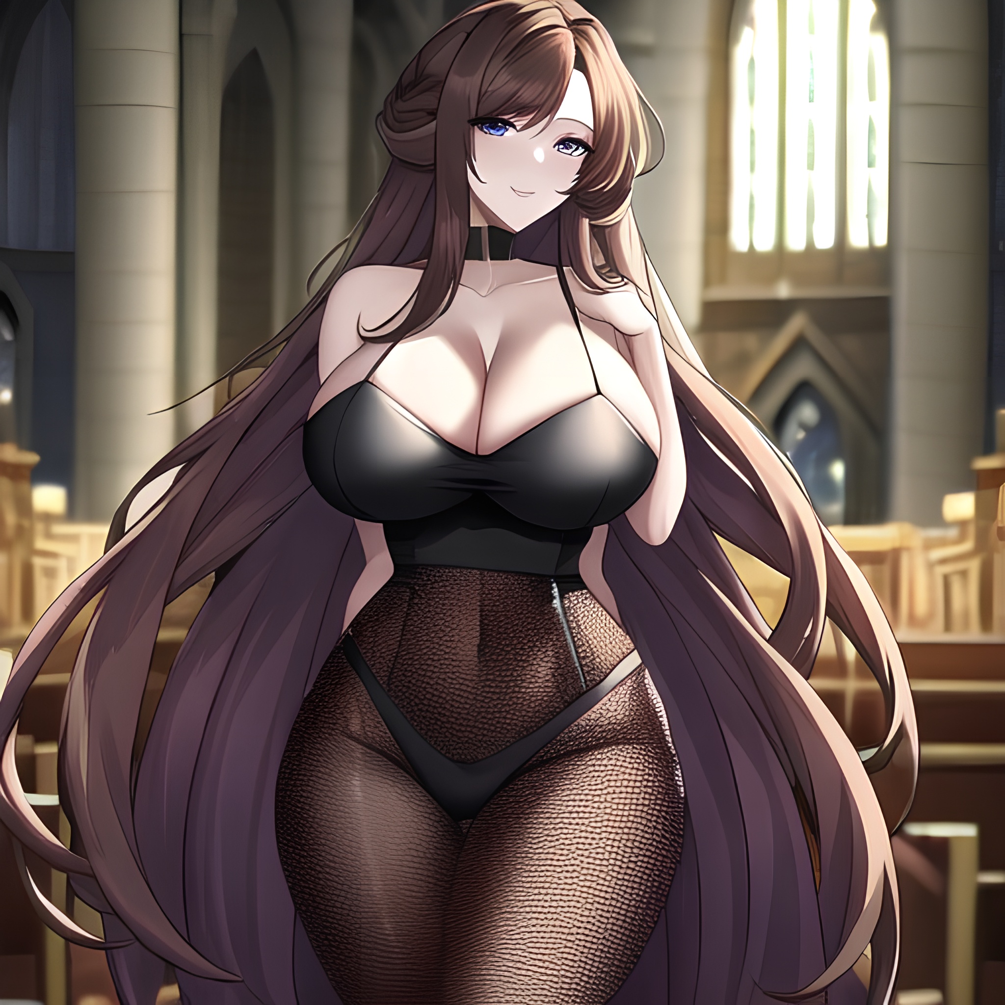 woman long hair brunette fishnet church messy hair