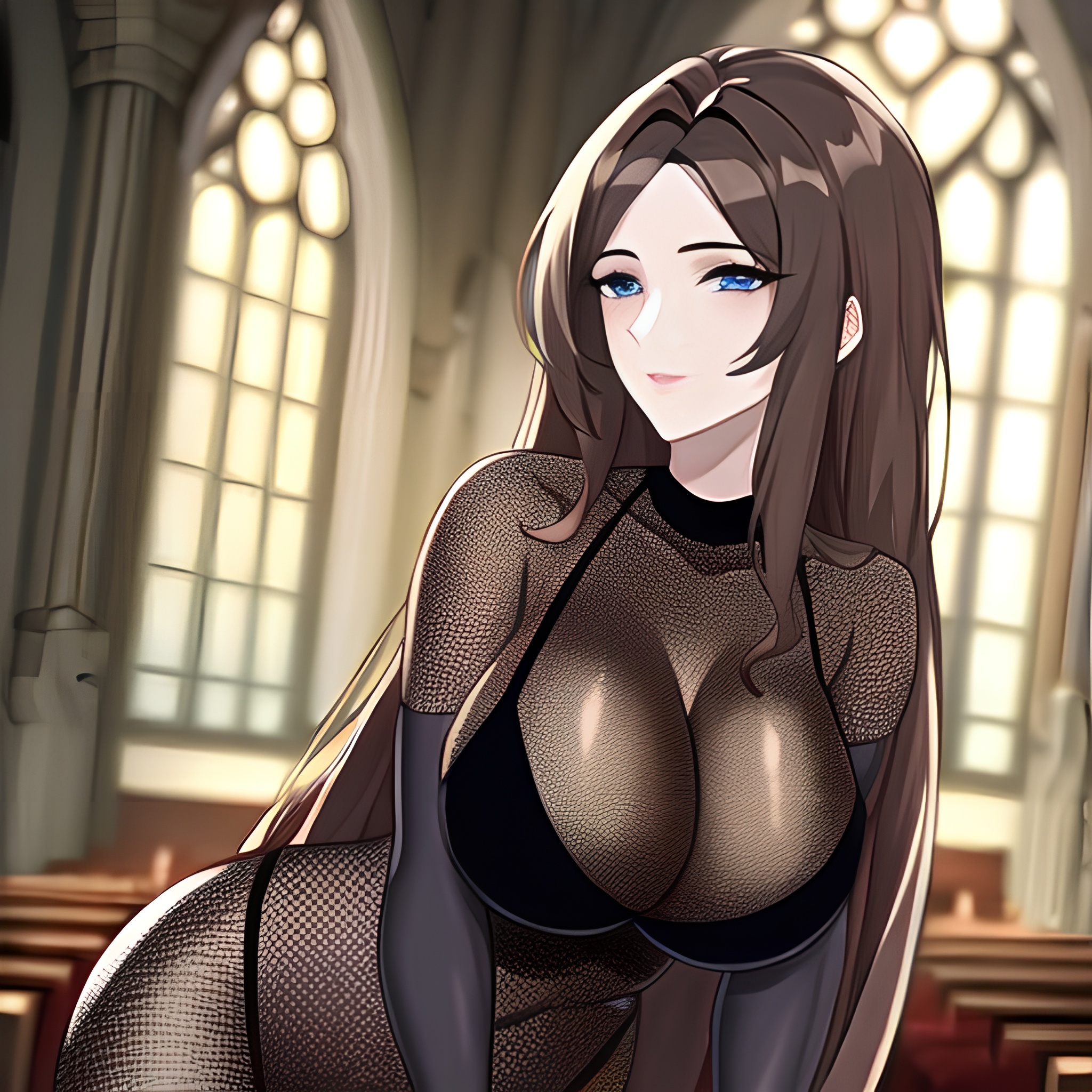 woman long hair brunette fishnet church messy hair 