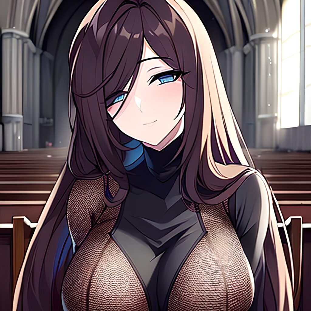 woman long hair brunette fishnet church messy hair