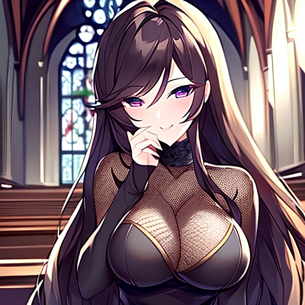 woman long hair brunette messy hair church fishnet