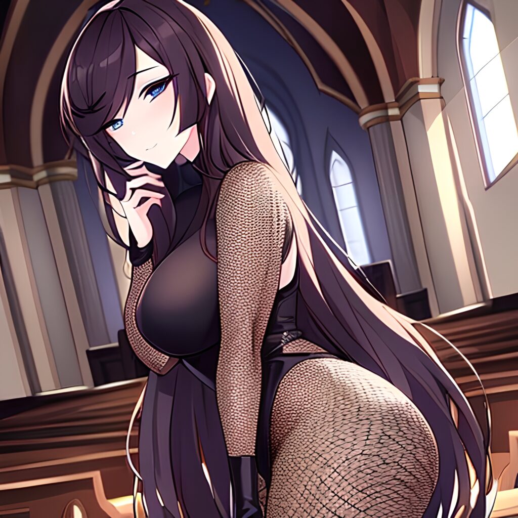 woman long hair brunette messy hair church fishnet