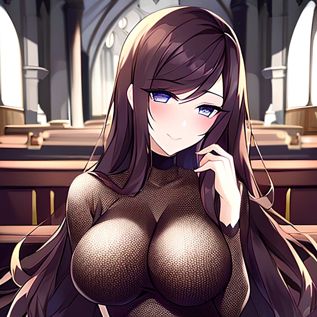 woman long hair brunette messy hair church fishnet