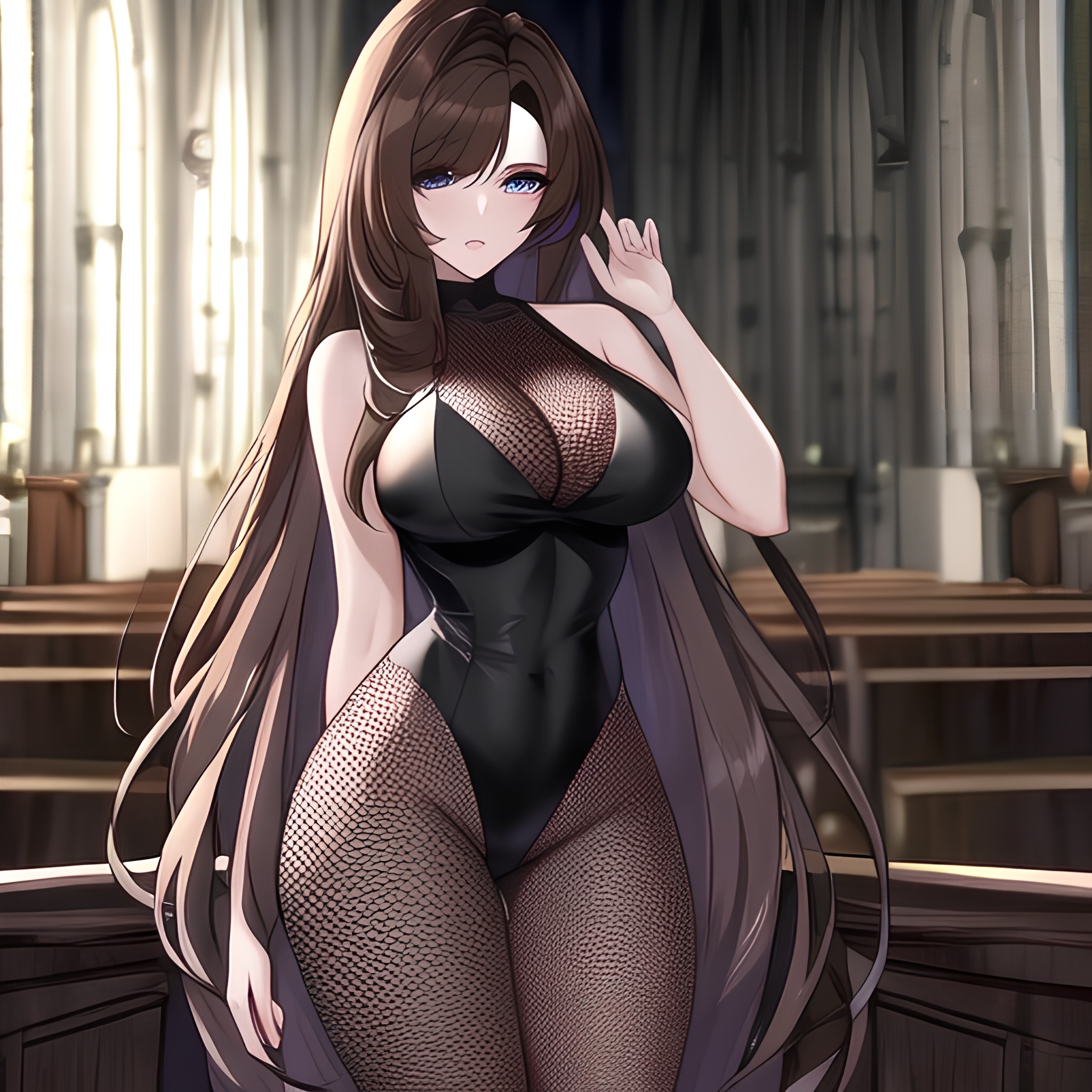 woman long hair brunette messy hair church fishnet