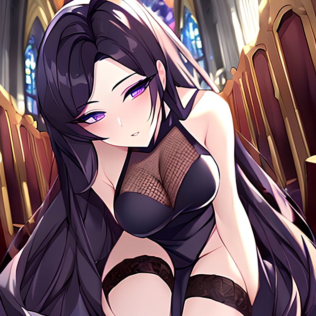 woman long hair brunette messy hair fishnet church 