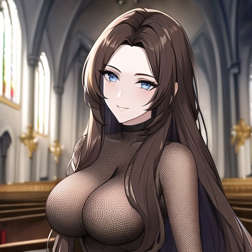woman long hair brunette messy hair fishnet church