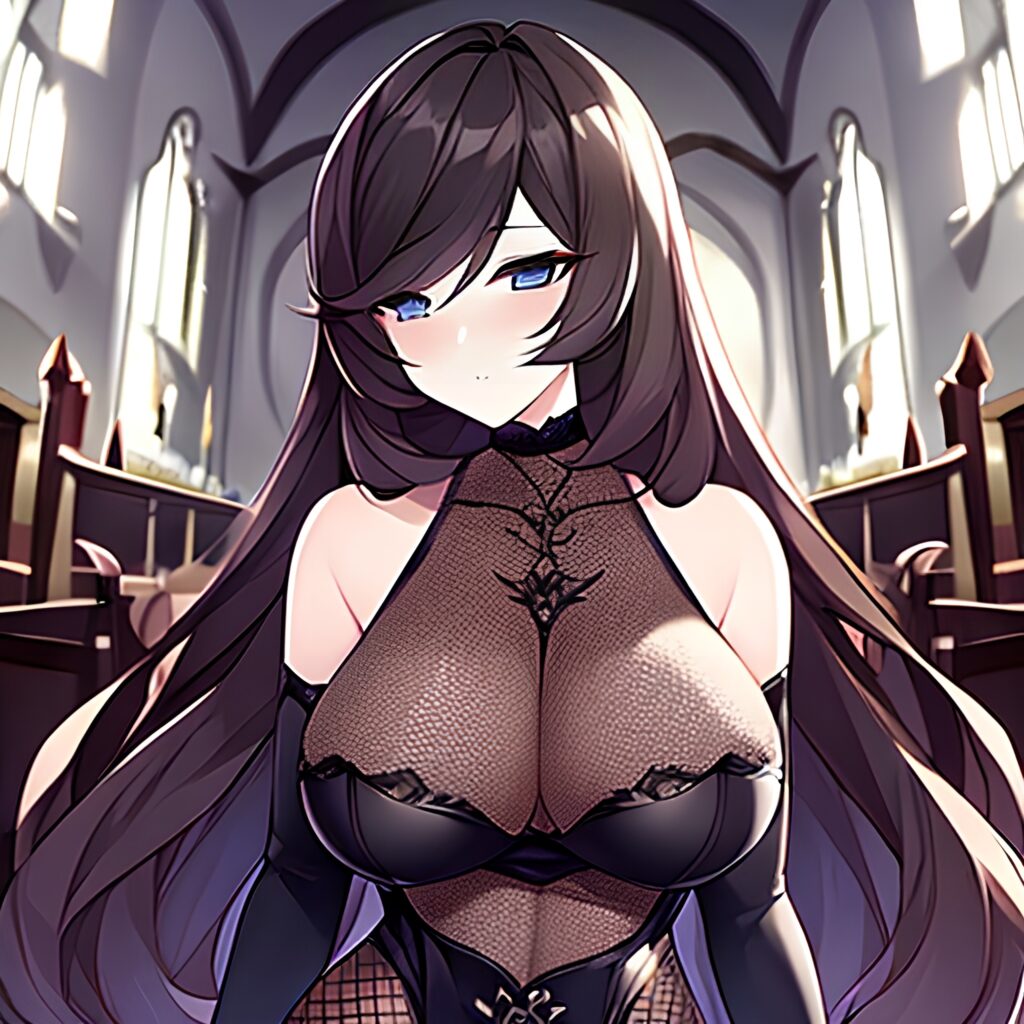 woman long hair brunette messy hair fishnet church 