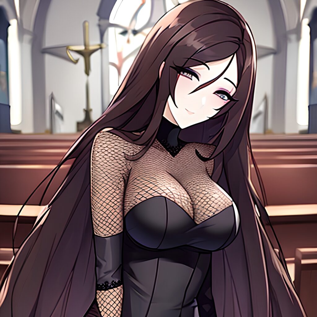 woman long hair brunette messy hair fishnet church 