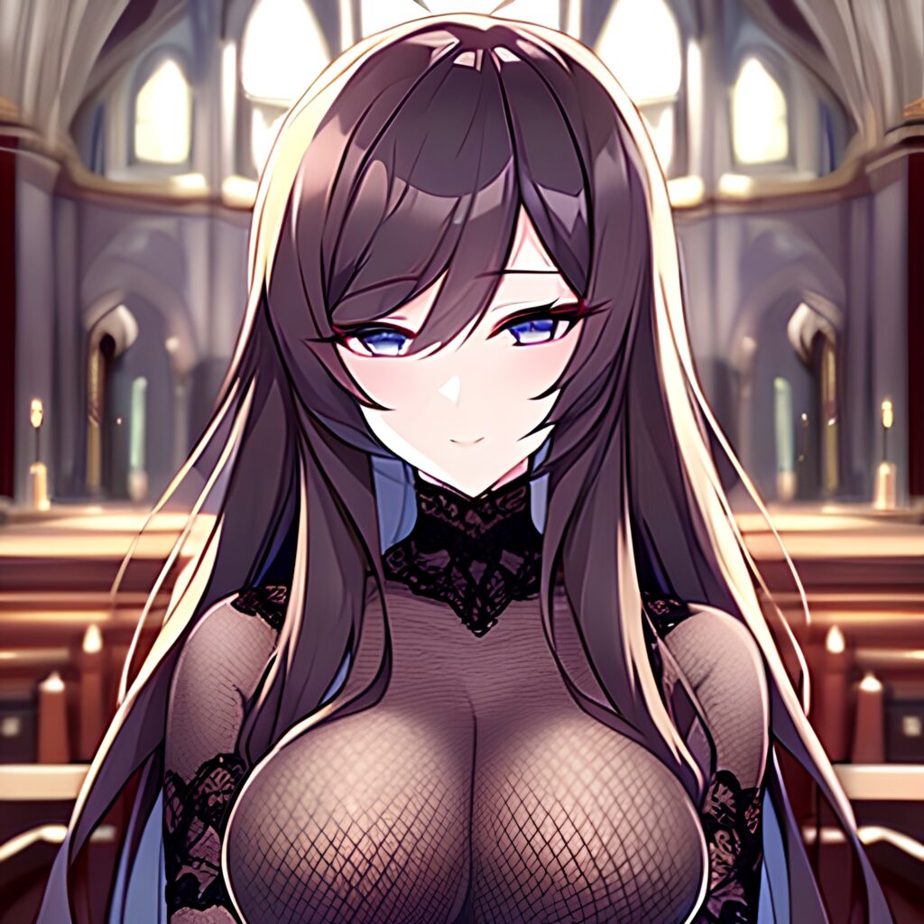 woman long hair church brunette messy hair fishnet