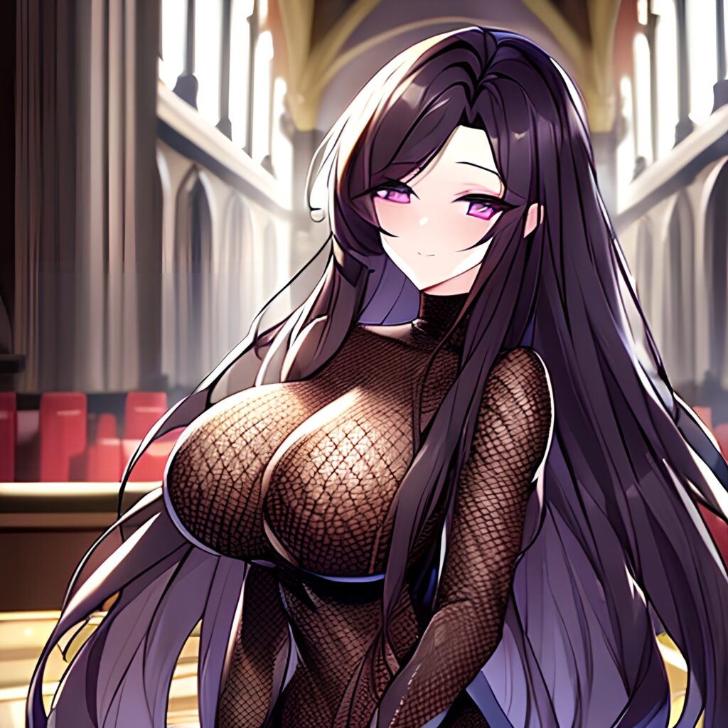 woman long hair church fishnet brunette messy hair 