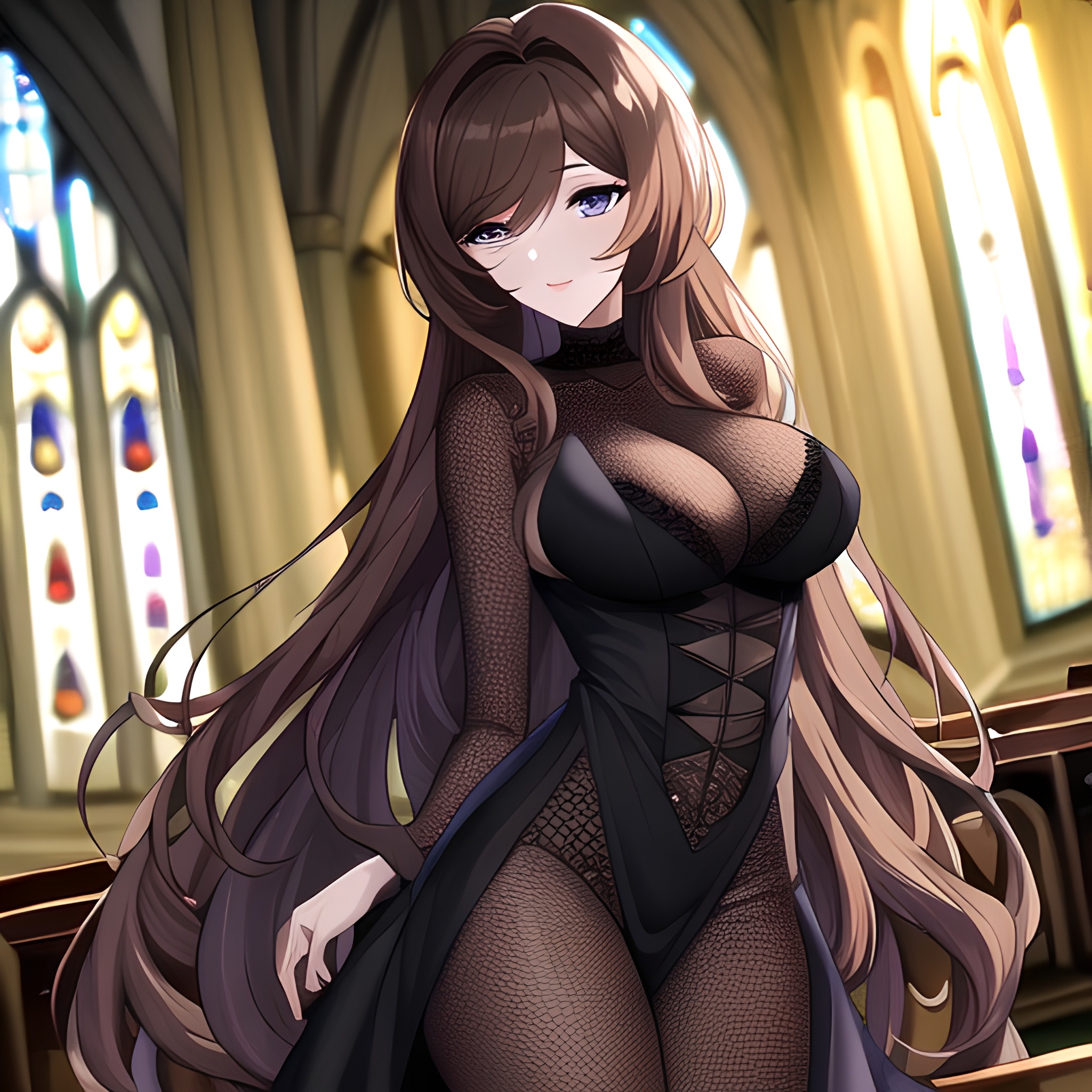 woman long hair church fishnet brunette messy hair 