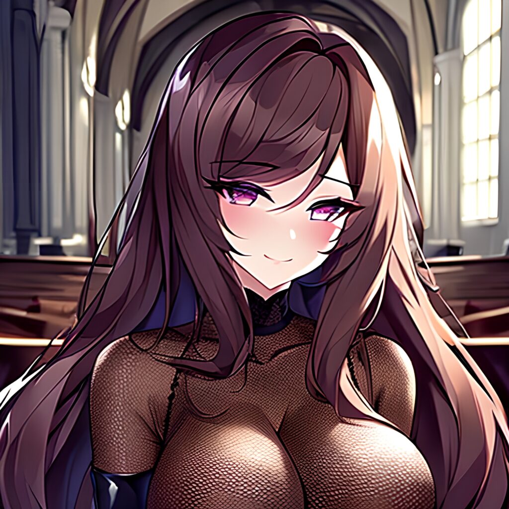 woman long hair church messy hair brunette fishnet 