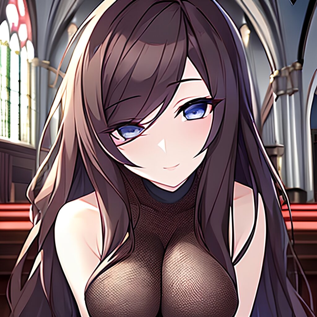 woman long hair church messy hair brunette fishnet