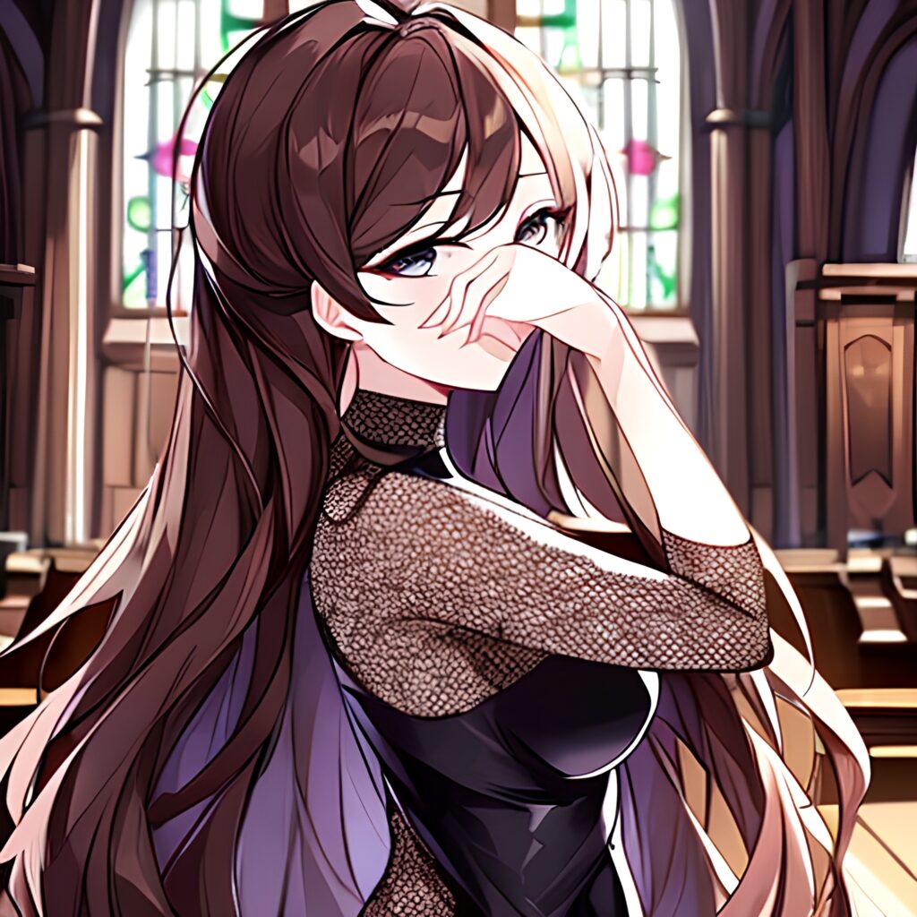 woman long hair church messy hair brunette fishnet
