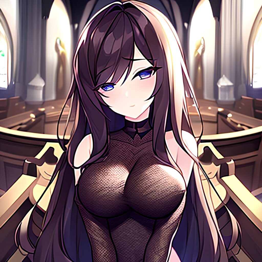 woman long hair church messy hair brunette fishnet