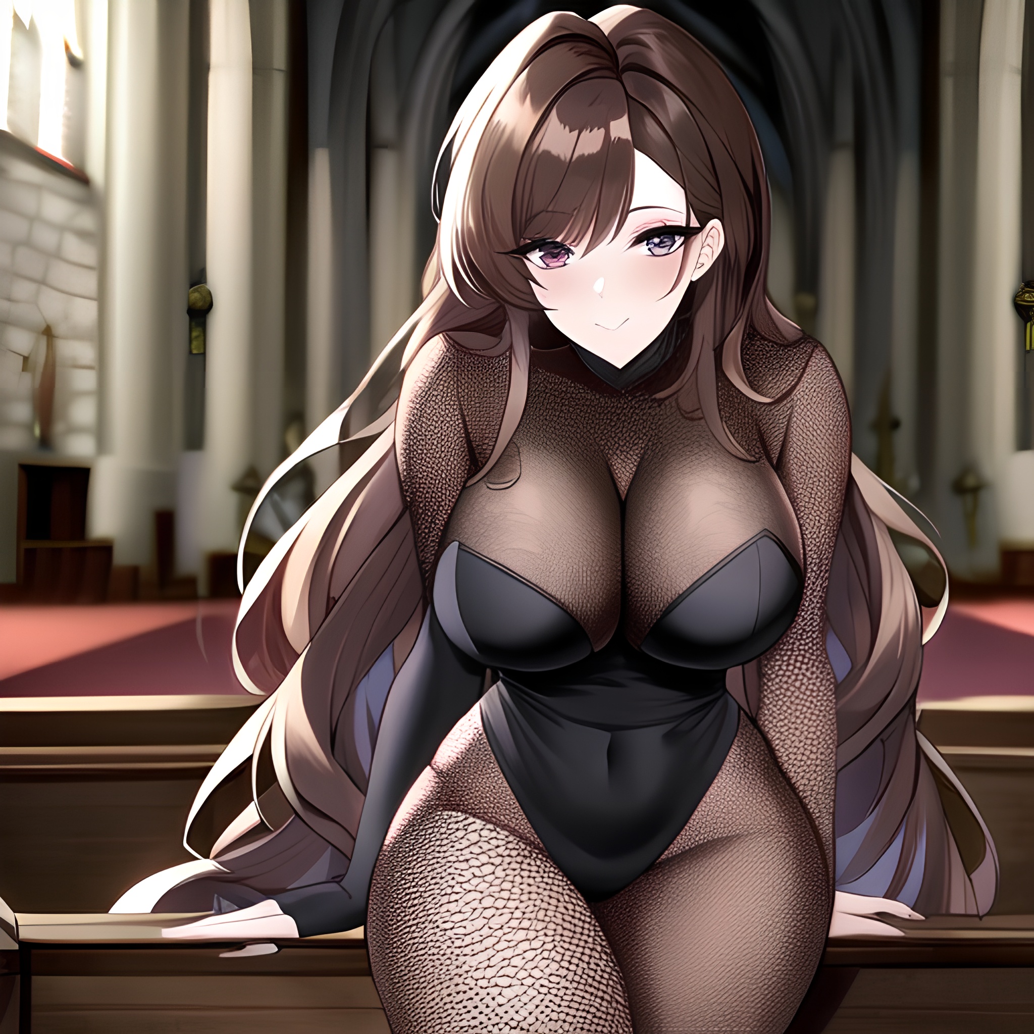 woman long hair church messy hair fishnet brunette 