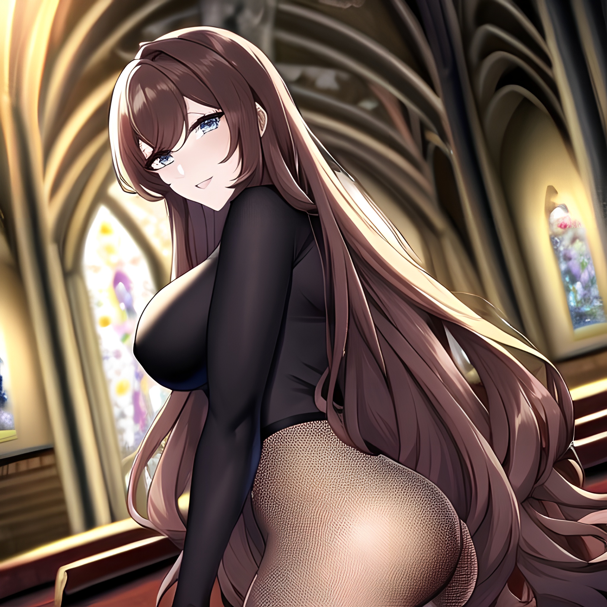 woman long hair fishnet brunette church messy hair 