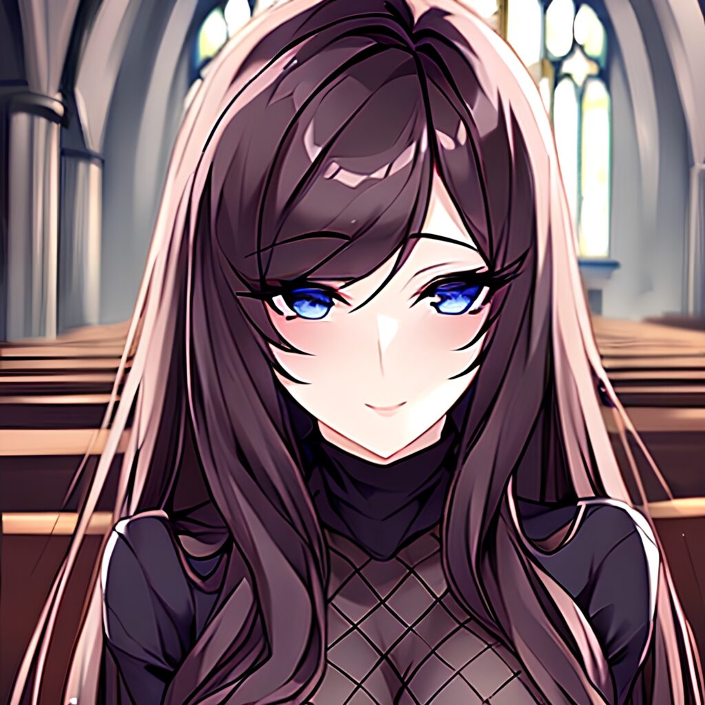 woman long hair fishnet brunette church messy hair