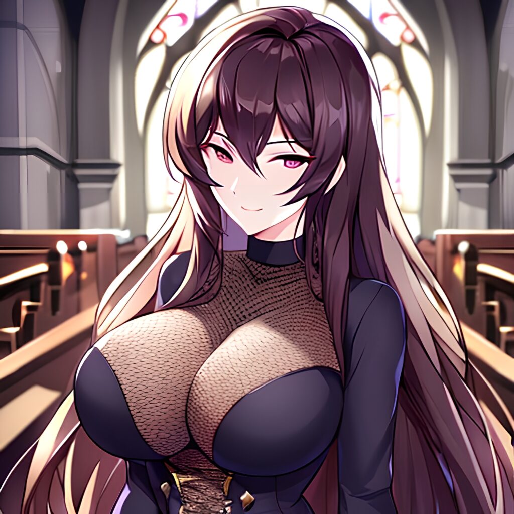 woman long hair fishnet brunette church messy hair