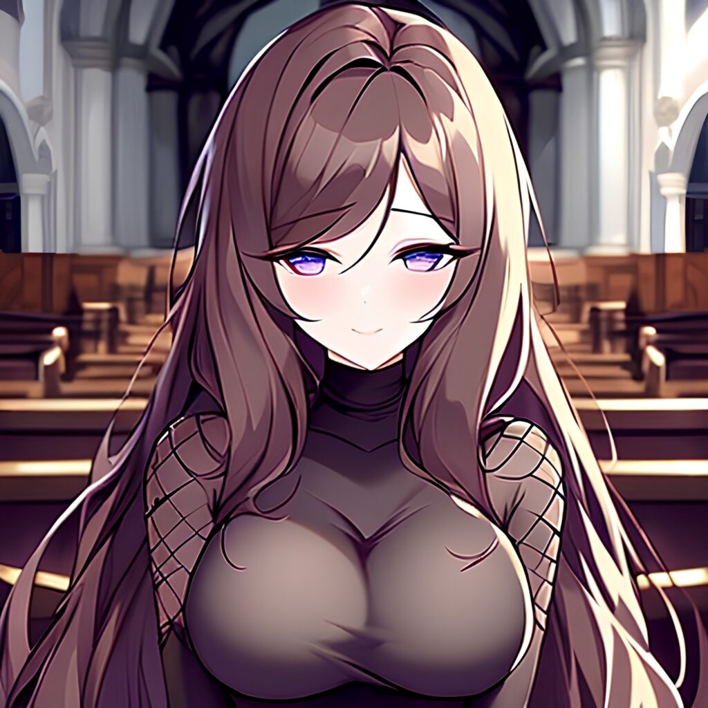 woman long hair fishnet brunette church messy hair