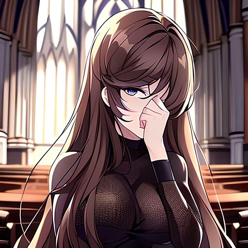 woman long hair fishnet brunette church messy hair