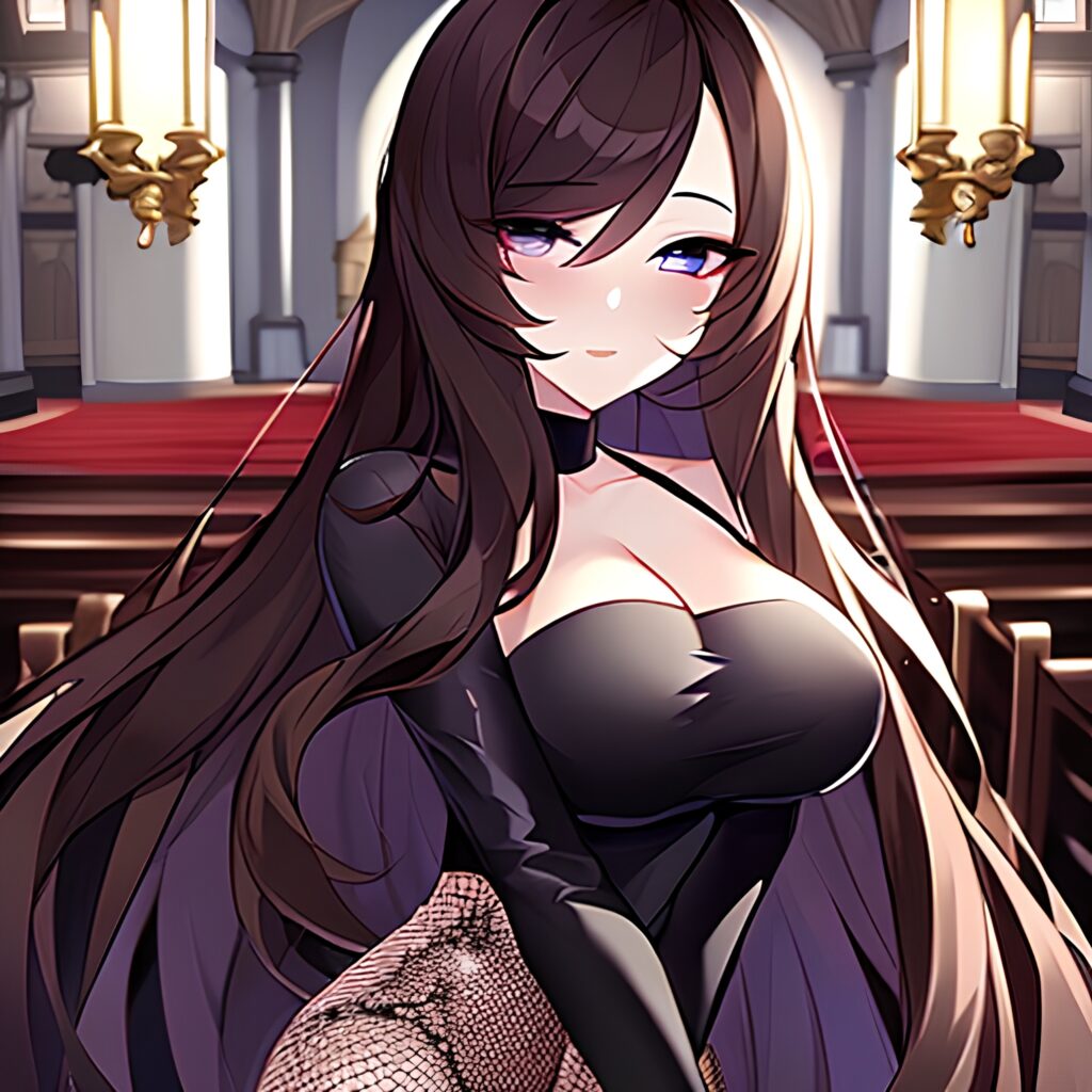 woman long hair fishnet brunette messy hair church