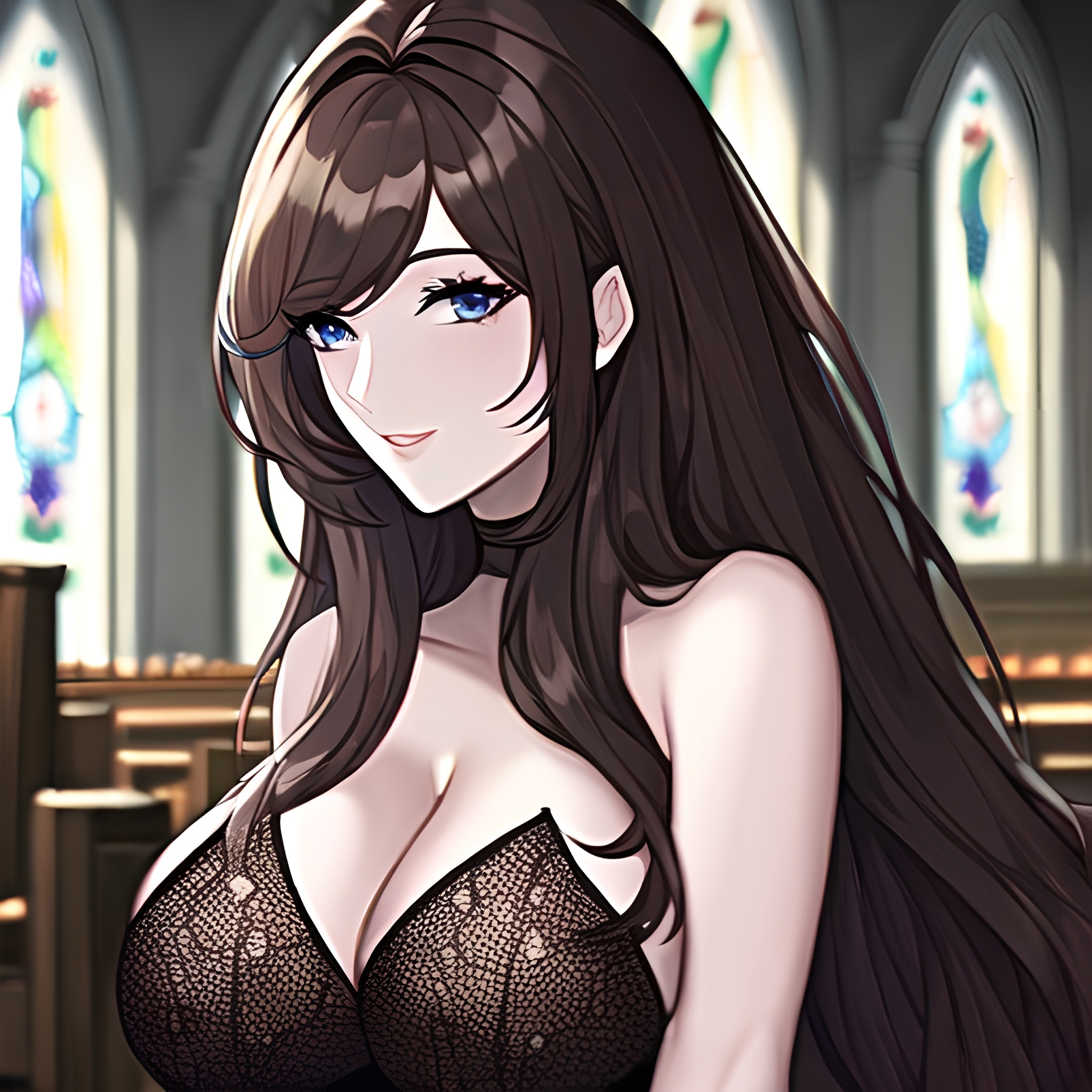 woman long hair fishnet church messy hair brunette 