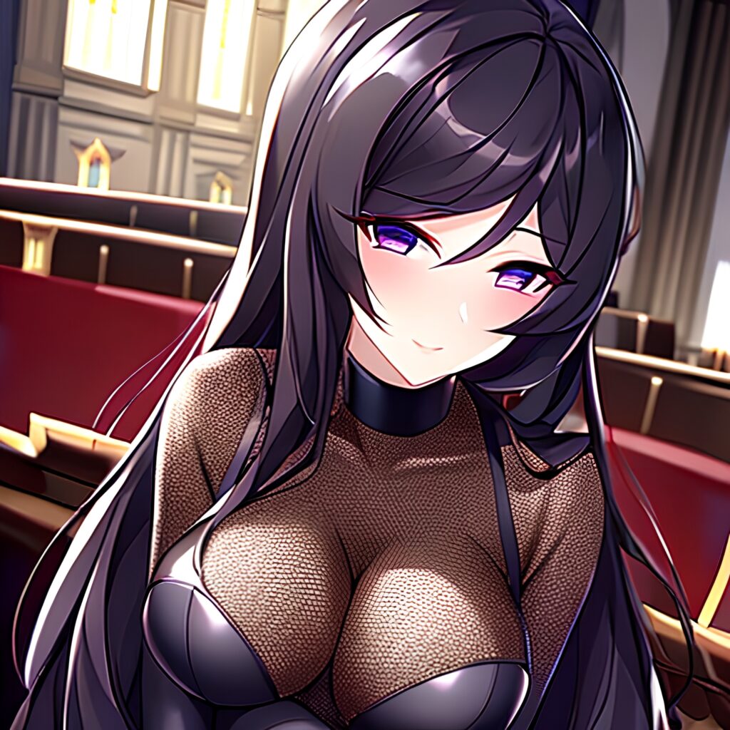 woman long hair fishnet church messy hair brunette