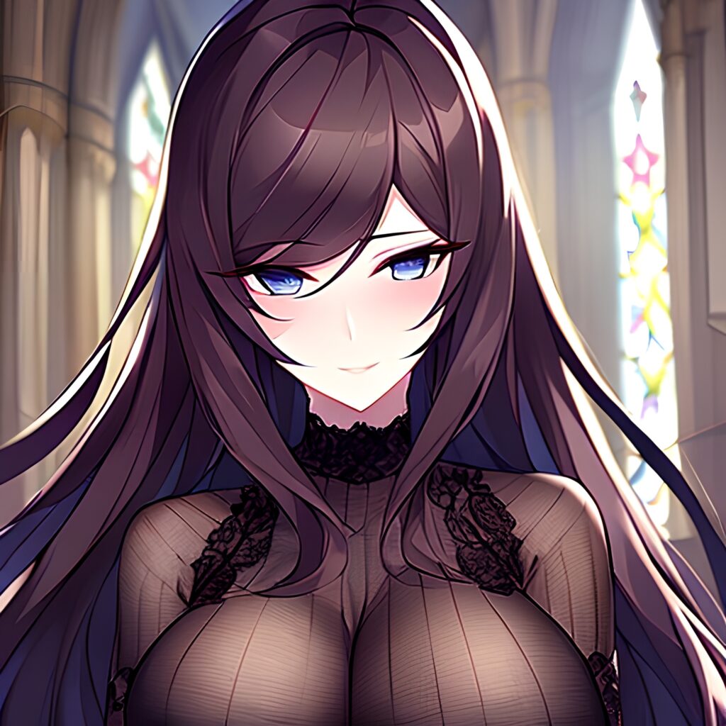 woman long hair messy hair brunette church fishnet