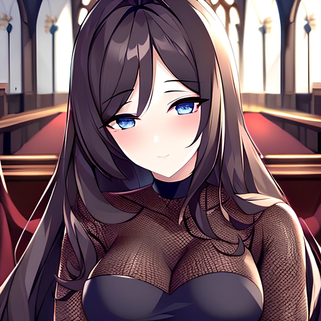 woman long hair messy hair brunette church fishnet