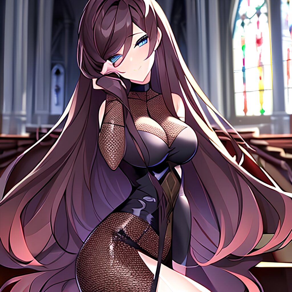 woman long hair messy hair brunette church fishnet 