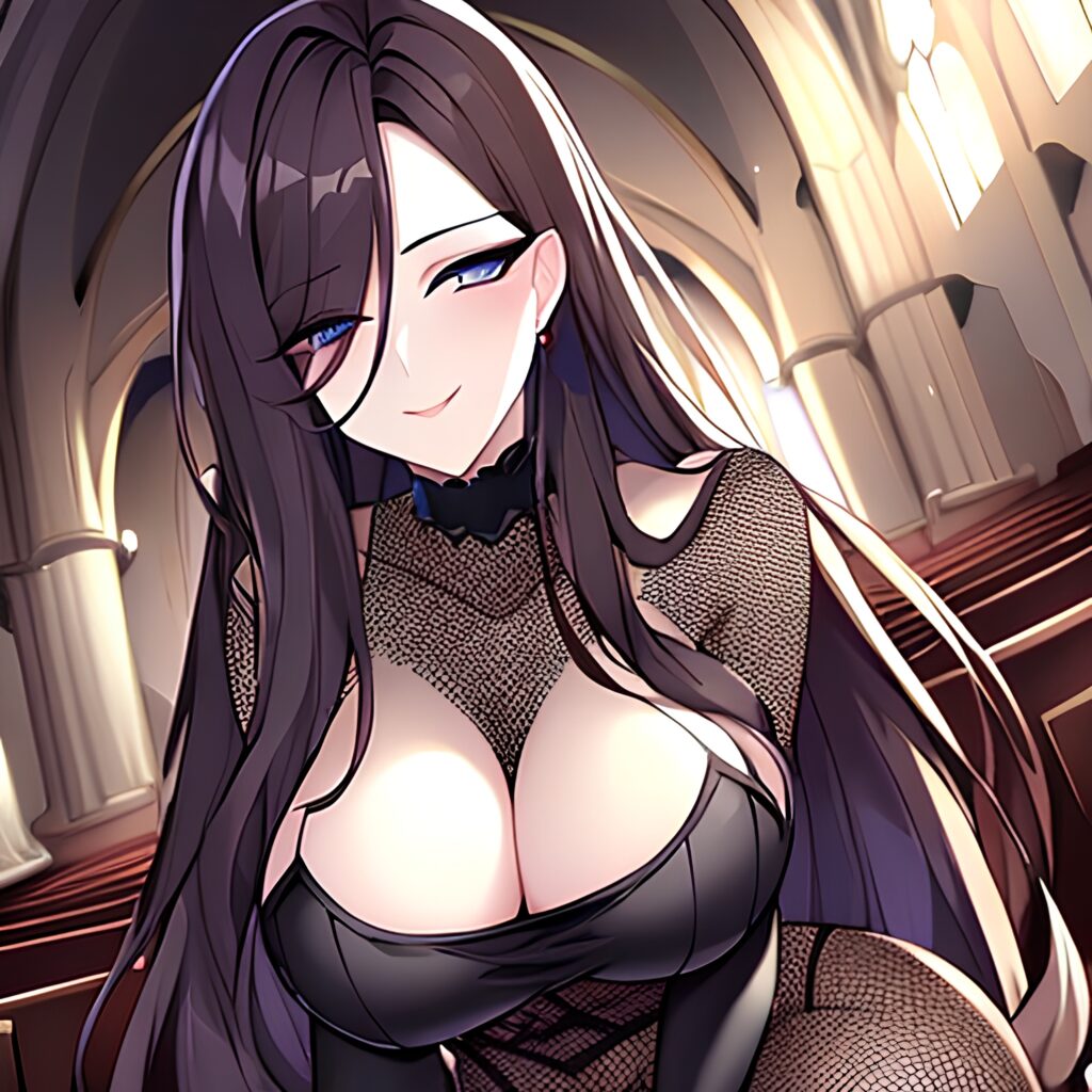 woman long hair messy hair brunette church fishnet 